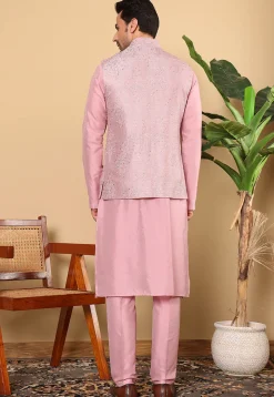 Embroidered Viscose Silk Kurta Set in Pink