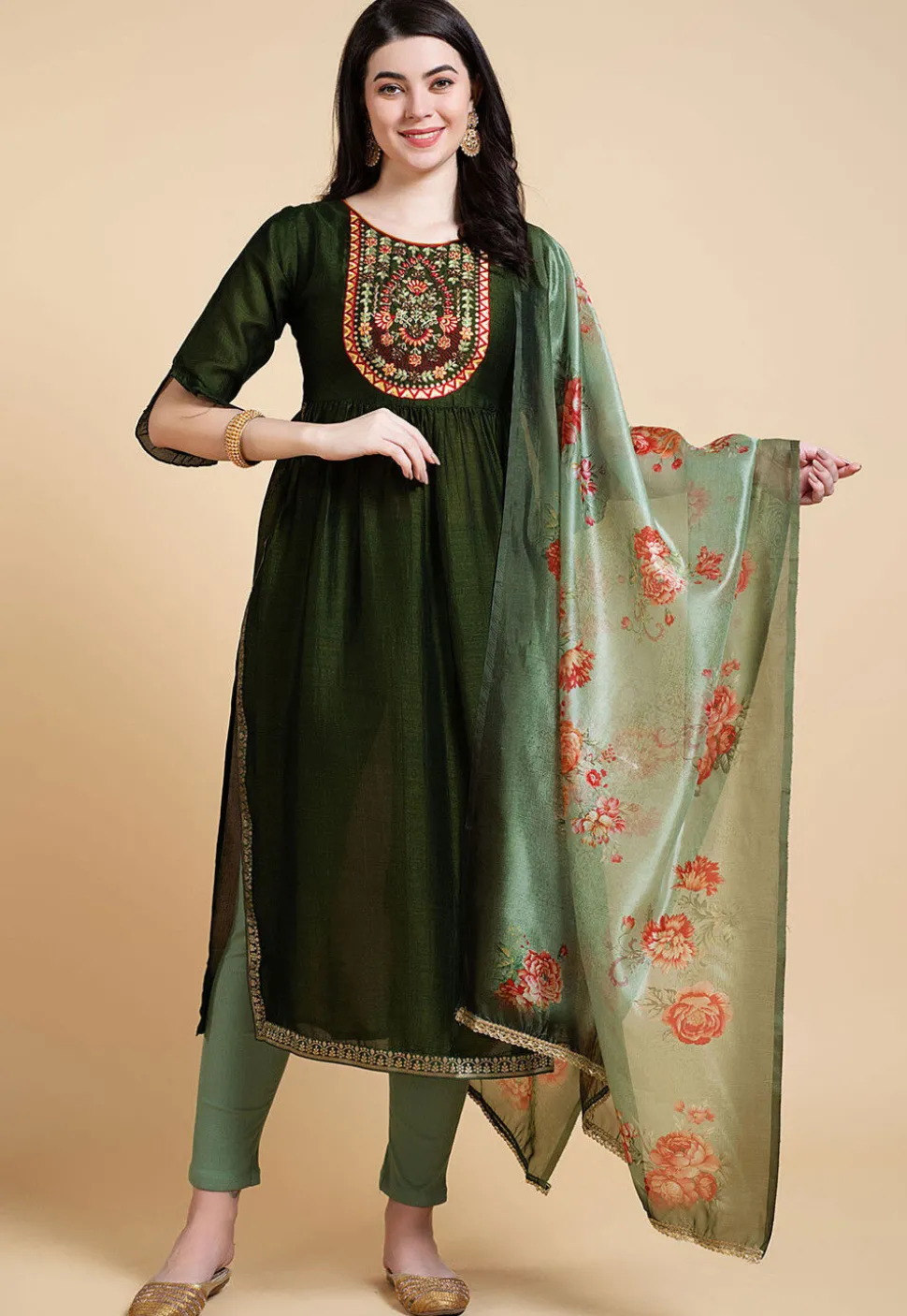 Embroidered Viscose Silk Pakistani Suit in Dark Olive Green