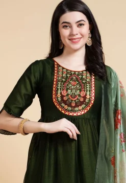 Embroidered Viscose Silk Pakistani Suit in Dark Olive Green