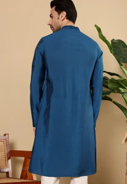 Embroidered Viscose Silk Kurta in Teal Blue