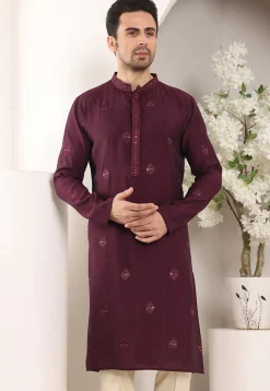 Embroidered Viscose Silk Kurta in Violet