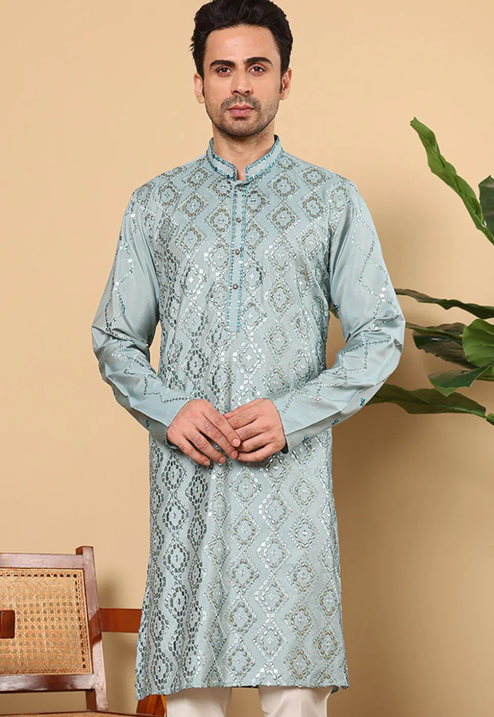 Embroidered Viscose Silk Kurta in Dusty Blue