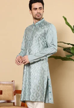 Embroidered Viscose Silk Kurta in Dusty Blue