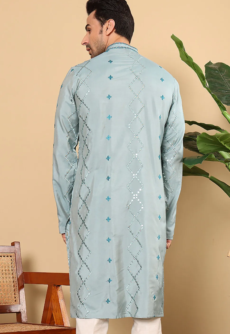 Embroidered Viscose Silk Kurta in Dusty Blue