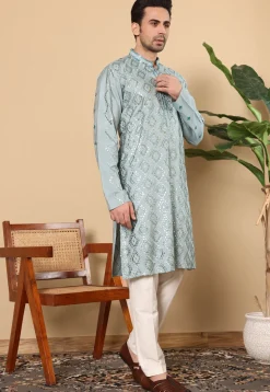 Embroidered Viscose Silk Kurta in Dusty Blue