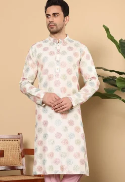 Embroidered Viscose Silk Kurta in Cream