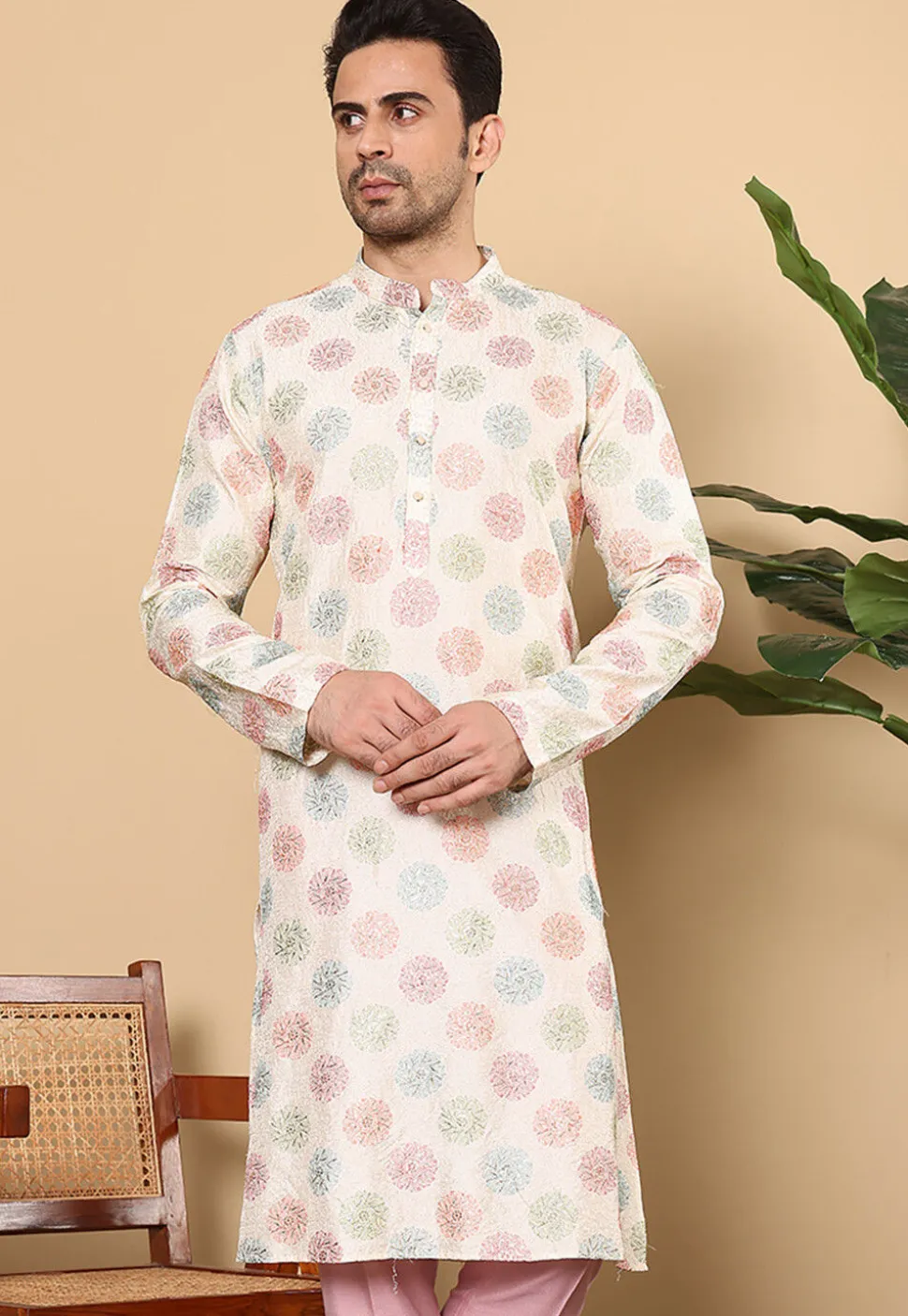 Embroidered Viscose Silk Kurta in Cream