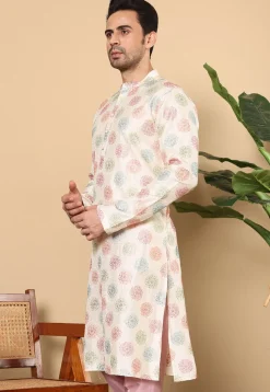 Embroidered Viscose Silk Kurta in Cream