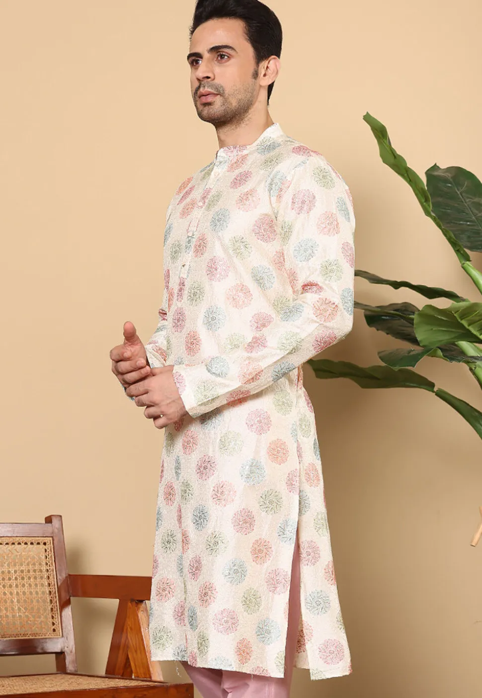 Embroidered Viscose Silk Kurta in Cream