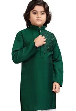 Embroidered Viscose Silk Kurta in Dark Green