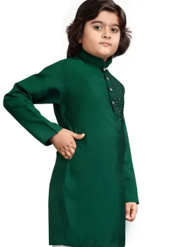 Embroidered Viscose Silk Kurta in Dark Green