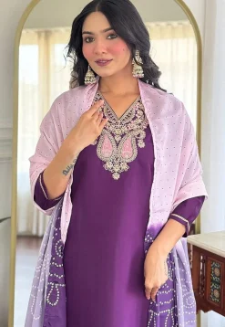 Embroidered Viscose Silk Pakistani Suit in Purple