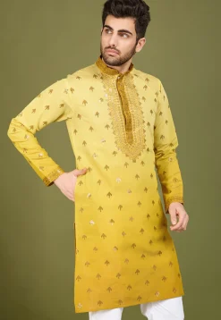 Embroidered Viscose Silk Kurta in Yellow Ombre