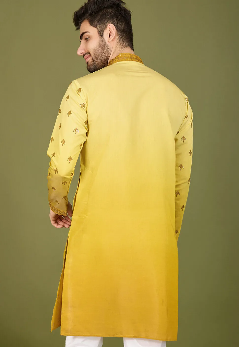 Embroidered Viscose Silk Kurta in Yellow Ombre