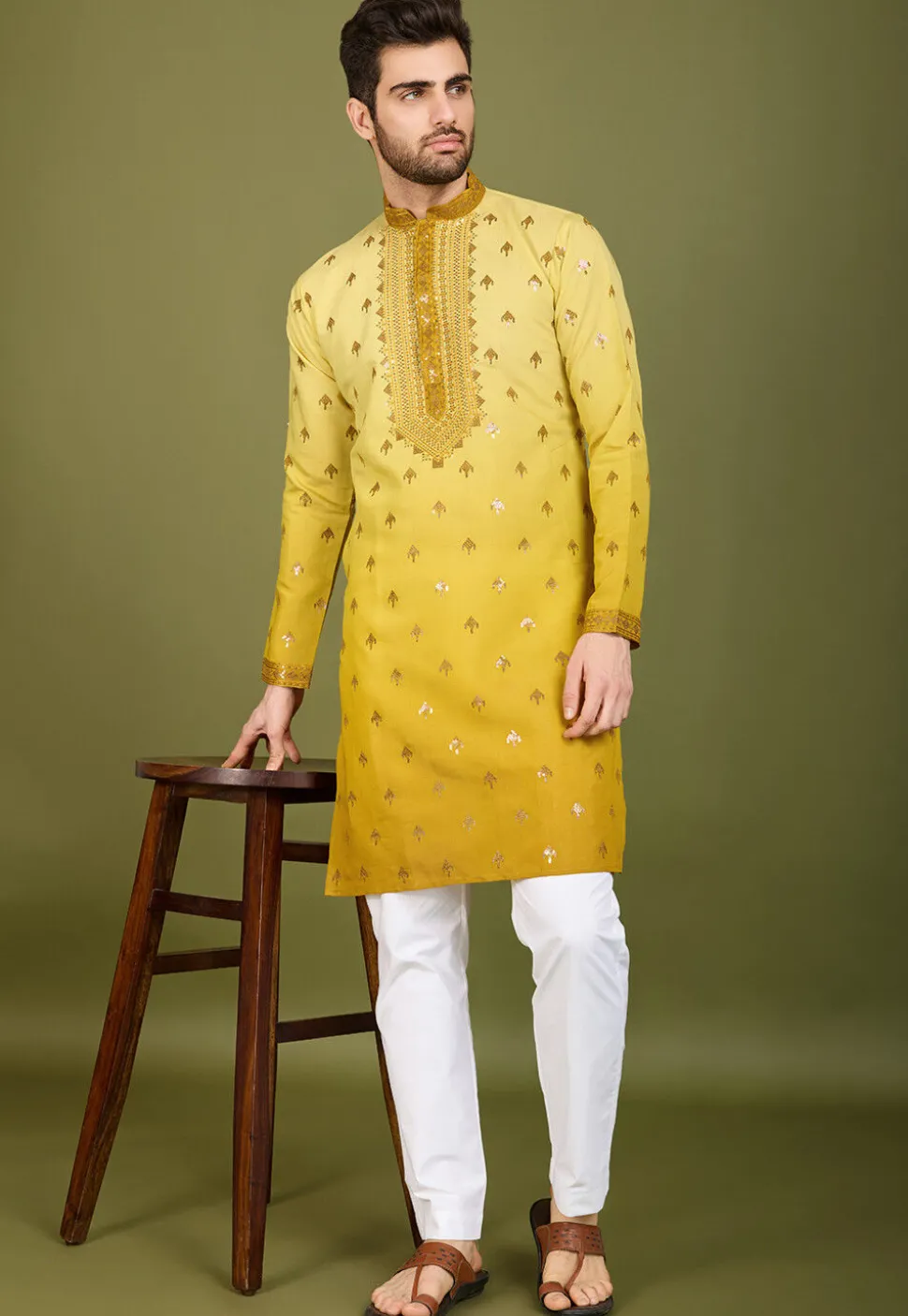 Embroidered Viscose Silk Kurta in Yellow Ombre