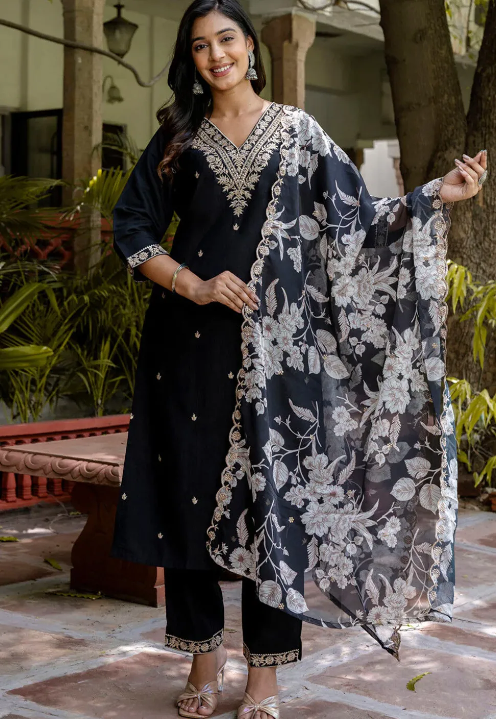 Embroidered Viscose Silk Pakistani Suit in Black