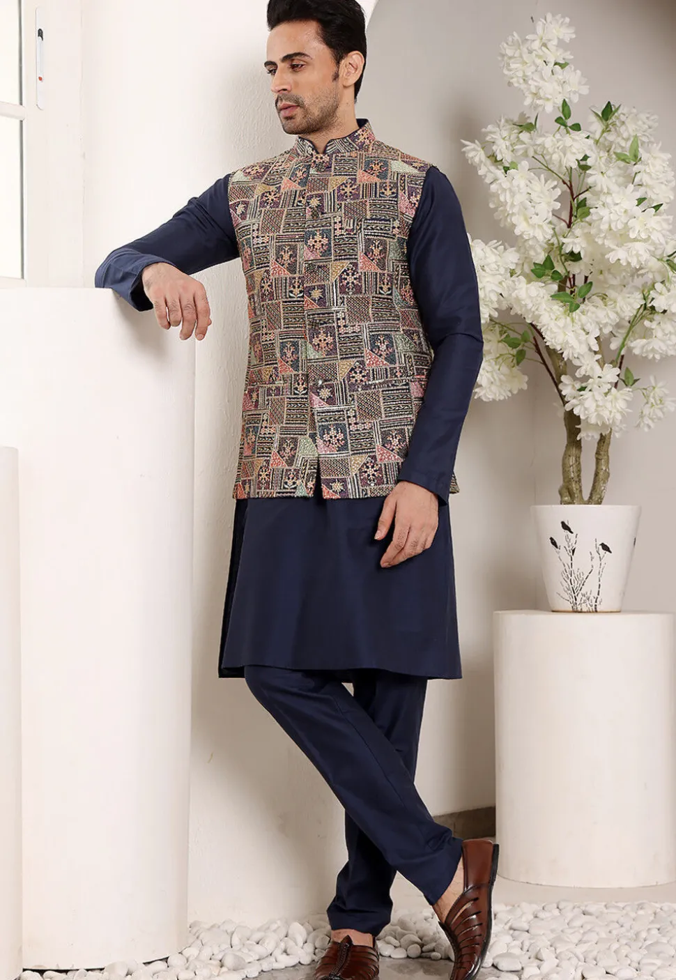 Embroidered Viscose Silk Kurta Set in Navy Blue