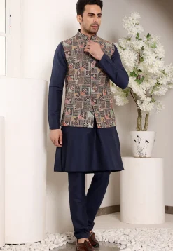 Embroidered Viscose Silk Kurta Set in Navy Blue
