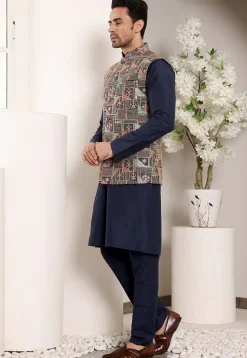 Embroidered Viscose Silk Kurta Set in Navy Blue