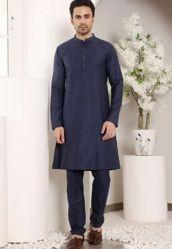 Embroidered Viscose Silk Kurta Set in Navy Blue
