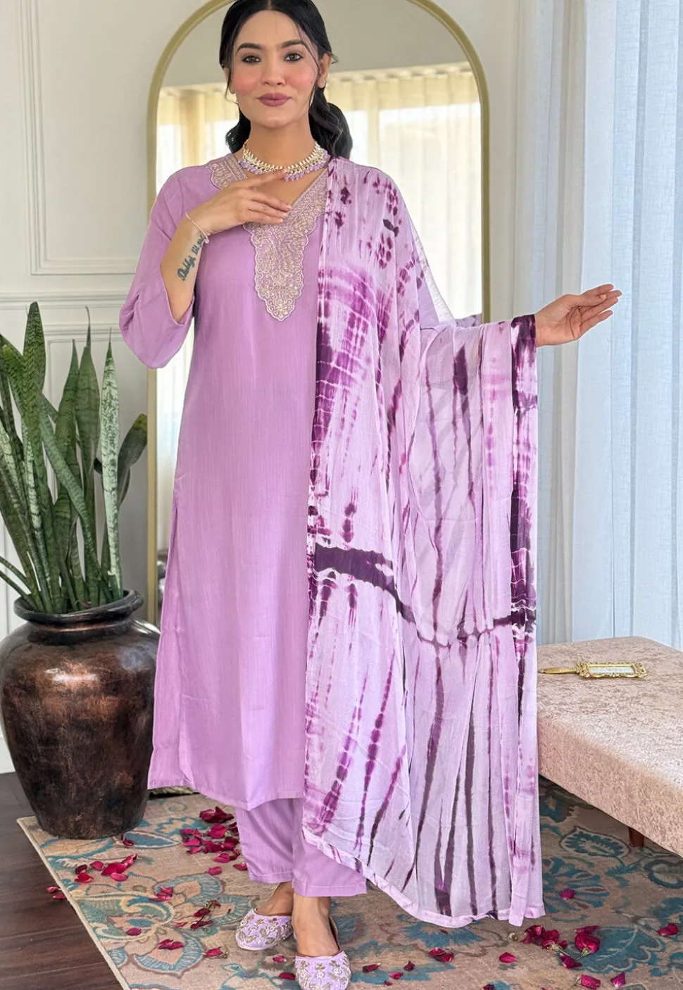 Embroidered Viscose Silk Pakistani Suit in Light Purple