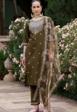 Embroidered Viscose Silk Pakistani Suit in Dark Olive Green