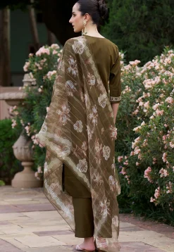Embroidered Viscose Silk Pakistani Suit in Dark Olive Green