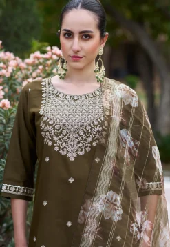 Embroidered Viscose Silk Pakistani Suit in Dark Olive Green