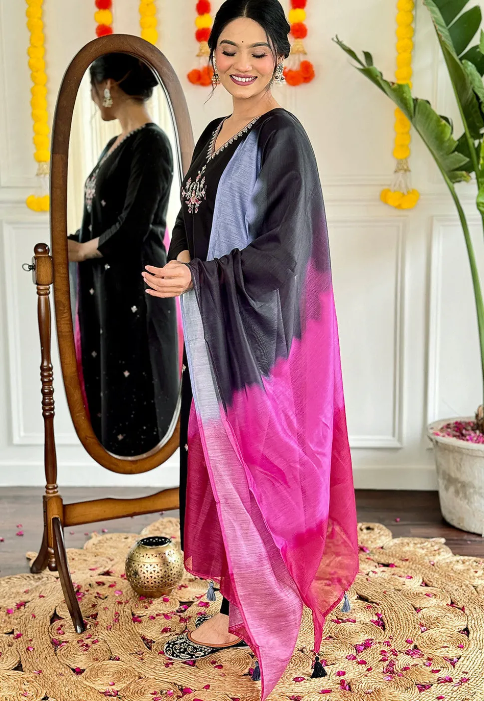 Embroidered Viscose Silk Pakistani Suit in Black