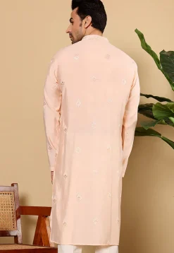 Embroidered Viscose Silk Kurta in Peach
