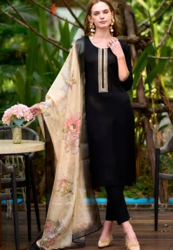 Embroidered Viscose Silk Pakistani Suit in Black