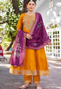 Embroidered Viscose Silk Anarkali Suit in Yellow