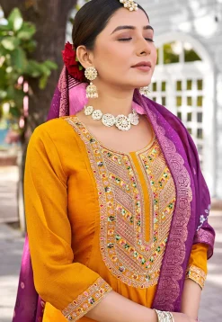 Embroidered Viscose Silk Anarkali Suit in Yellow