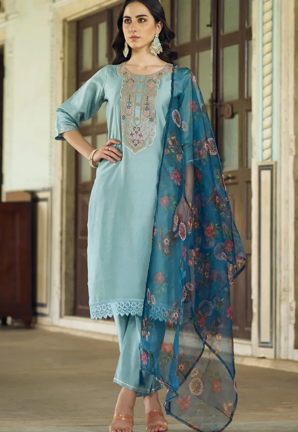 Embroidered Viscose Silk Pakistani Suit in Light Blue