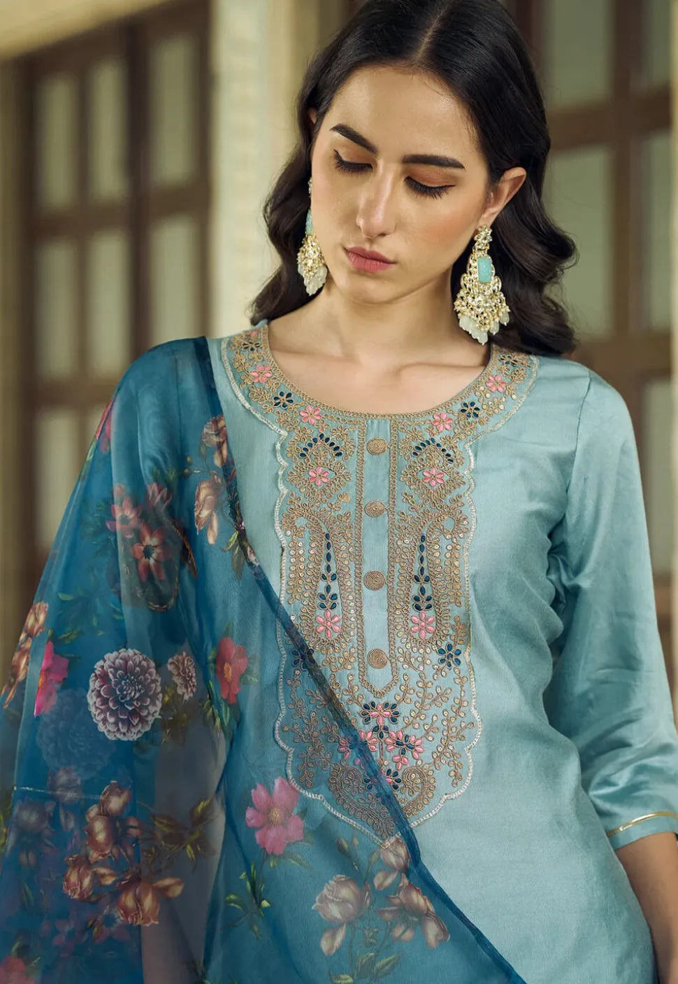 Embroidered Viscose Silk Pakistani Suit in Light Blue