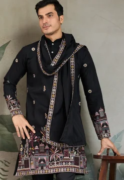 Embroidered Viscose Silk Kurta in Black