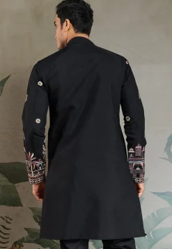 Embroidered Viscose Silk Kurta in Black