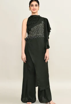 Embroidered Viscose Silk Jump Suit in Dark Olive Green