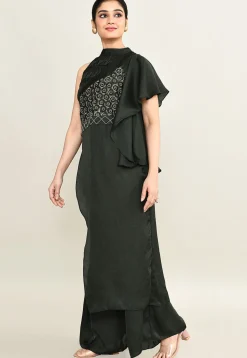 Embroidered Viscose Silk Jump Suit in Dark Olive Green