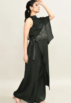 Embroidered Viscose Silk Jump Suit in Dark Olive Green