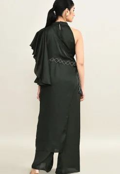 Embroidered Viscose Silk Jump Suit in Dark Olive Green