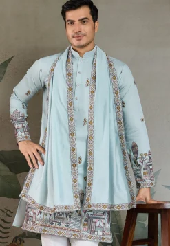 Embroidered Viscose Silk Kurta in Light Blue