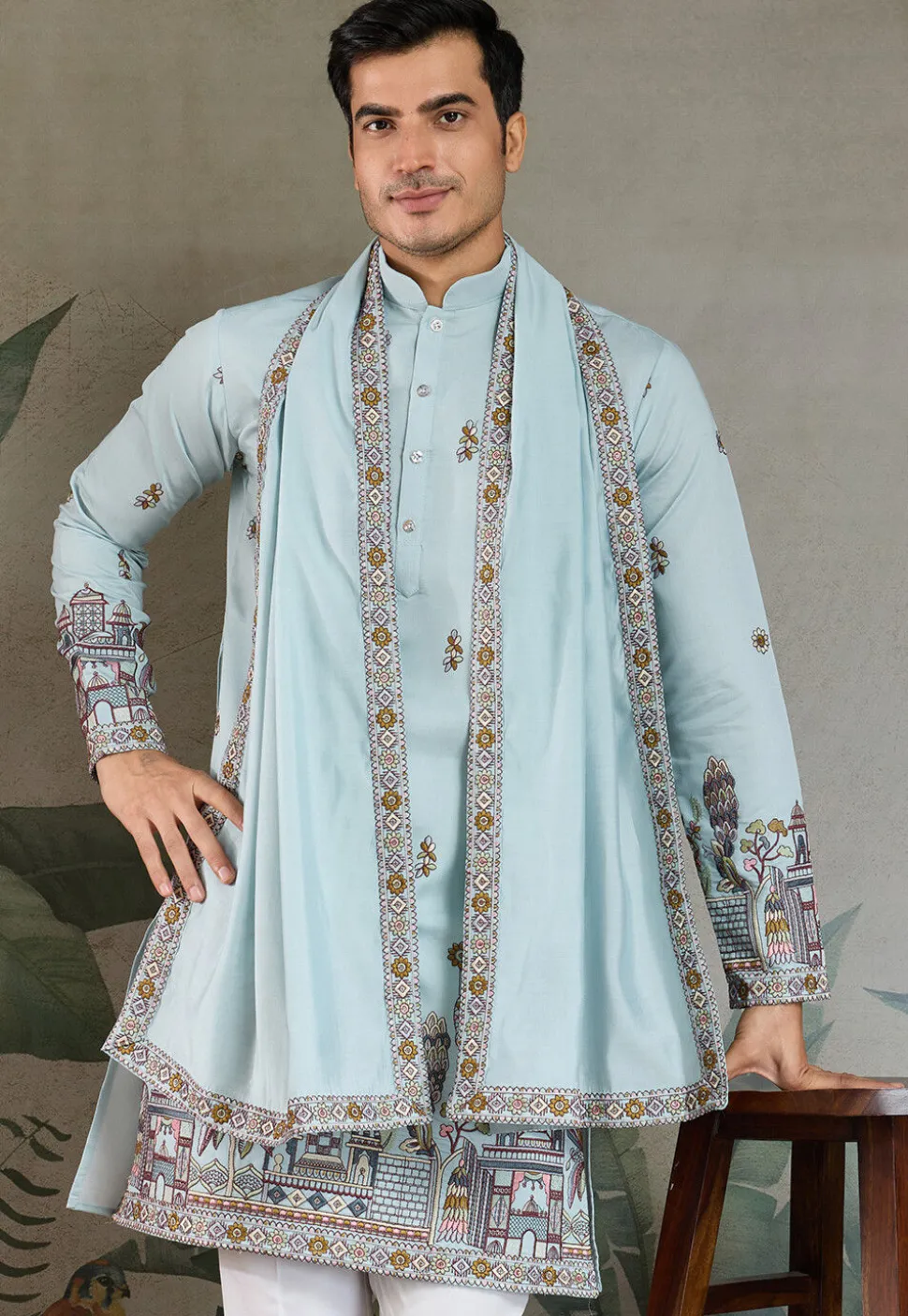 Embroidered Viscose Silk Kurta in Light Blue