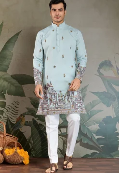 Embroidered Viscose Silk Kurta in Light Blue