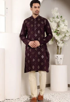 Embroidered Viscose Silk Kurta Set in Violet