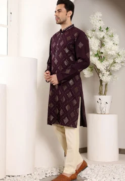 Embroidered Viscose Silk Kurta Set in Violet