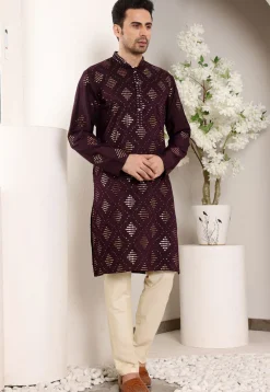 Embroidered Viscose Silk Kurta Set in Violet