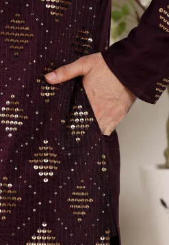 Embroidered Viscose Silk Kurta Set in Violet