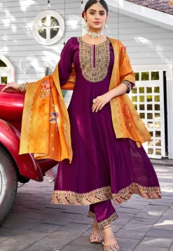 Embroidered Viscose Silk Anarkali Suit in Wine