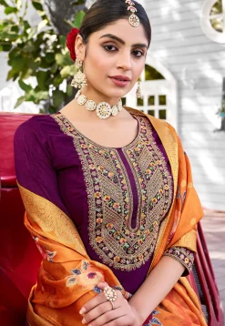 Embroidered Viscose Silk Anarkali Suit in Wine